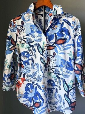 Chico's White Button-Down Shirt with Blue Floral & Coral Leaf Print